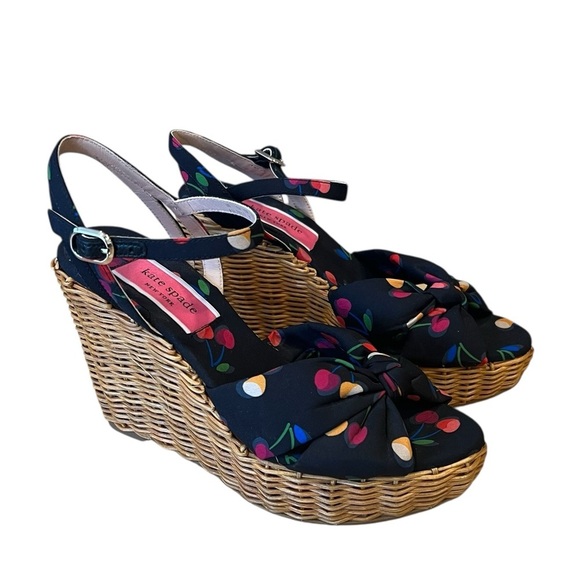 kate spade Shoes - Kate Spade Basket Weave Wedge Sandals Black Cherry Print Size 8.5 NWOB Colorful